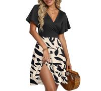 AUSELILY Robe d'Été pour Femmes Robe Portefeuille à Manches Courtes Volantées avec Col V, Imprimé Floral et Croisement Devant pour la Plage Feuilles Noir Abricot 3XL