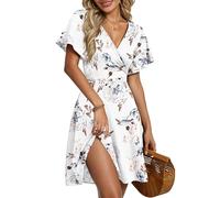 AUSELILY Robe d'Été pour Femmes Robe Portefeuille à Manches Courtes Volantées avec Col V, Imprimé Floral et Croisement Devant pour la Plage Floral Blanc XL