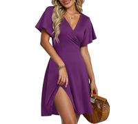 AUSELILY Robe d'Été pour Femmes Robe Portefeuille à Manches Courtes Volantées avec Col V, Imprimé Floral et Croisement Devant pour la Plage Pourpre L