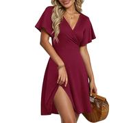 AUSELILY Robe d'Été pour Femmes Robe Portefeuille à Manches Courtes Volantées avec Col V, Imprimé Floral et Croisement Devant pour la Plage Rouge Vin L