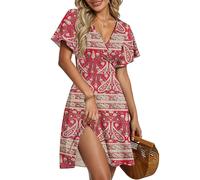 AUSELILY Robe d'Été pour Femmes Robe Portefeuille à Manches Courtes Volantées avec Col V, Imprimé Floral et Croisement Devant pour la Plage Floral Boho Rouge XL