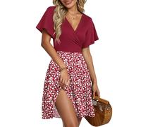 AUSELILY Robe d'Été pour Femmes Robe Portefeuille à Manches Courtes Volantées avec Col V, Imprimé Floral et Croisement Devant pour la Plage Fleurs Rouges Rouge 2XL