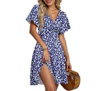 AUSELILY Robe d'Été pour Femmes Robe Portefeuille à Manches Courtes Volantées avec Col V, Imprimé Floral et Croisement Devant pour la Plage Fleurs Bleues XL