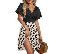 AUSELILY Robe d'Été pour Femmes Robe Portefeuille à Manches Courtes Volantées avec Col V, Imprimé Floral et Croisement Devant pour la Plage Léopard Beige L