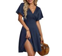 AUSELILY Robe d'Été pour Femmes Robe Portefeuille à Manches Courtes Volantées avec Col V, Imprimé Floral et Croisement Devant pour la Plage Bleu Marine XL