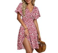 AUSELILY Robe d'Été pour Femmes Robe Portefeuille à Manches Courtes Volantées avec Col V, Imprimé Floral et Croisement Devant pour la Plage Fleurs Rouges S