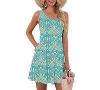 AUSELILY Robe élégante Femme sans Manches Robes Décontractée Courte avec Poches Boho Floral Vert L