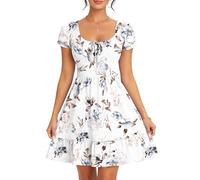 AUSELILY Robe ete Femme Manches Courtes col en U Robe de Plage | Imprimée Manches bouffantes Robe Taille Empire Décontractée avec Poches