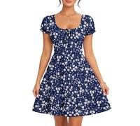 AUSELILY Robe ete Femme Manches Courtes col en U Robe de Plage | Imprimée Manches bouffantes Robe Taille Empire Décontractée avec Poches