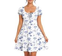 AUSELILY Robe ete Femme Manches Courtes col en U Robe de Plage | Imprimée Manches bouffantes Robe Taille Empire Décontractée avec Poches