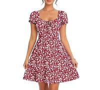 AUSELILY Robe ete Femme Manches Courtes col en U Robe de Plage | Imprimée Manches bouffantes Robe Taille Empire Décontractée avec Poches