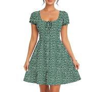 AUSELILY Robe ete Femme Manches Courtes col en U Robe de Plage | Imprimée Manches bouffantes Robe Taille Empire Décontractée avec Poches