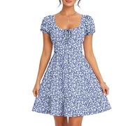 AUSELILY Robe ete Femme Manches Courtes col en U Robe de Plage | Imprimée Manches bouffantes Robe Taille Empire Décontractée avec Poches