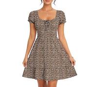 AUSELILY Robe ete Femme Manches Courtes col en U Robe de Plage | Imprimée Manches bouffantes Robe Taille Empire Décontractée avec Poches
