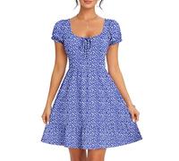 AUSELILY Robe ete Femme Manches Courtes col en U Robe de Plage | Imprimée Manches bouffantes Robe Taille Empire Décontractée avec Poches