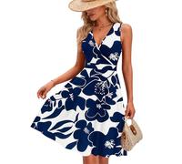 AUSELILY Robe ete Femme sans Manches col en V Robe de Plage avec Poches | Sexy Floral Robe Portefeuille Décontractée Taille Empire Elegant Robe Courte Imprimée Coupe Trapèze