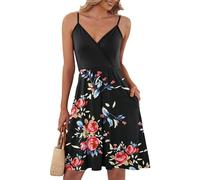 AUSELILY Robe Femme Chic et à Bretelles Elegant Doux léger et Non Transparent Robe de Plage Femme Col en V avec Poches(M,Noir Rose Noire)