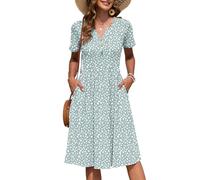 AUSELILY Robe Femme d'été à Manches Courtes Longueur Genou Col en V avec Boutons Robes Mi-Longue Style Empire avec Poches Tache Verte XXL