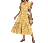 AUSELILY Robe Longue Femme Col en V à Manche Courte Robe de Plage Longue Femme Ete Chic et Elegant Fluide Legere Casual Dress avec Taille Empire Poches Jaune Floral L