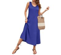 AUSELILY Robe Longue Femme ete sans Manches Robe de Plage Coupe trapèze Longues Style décontracté col en U Robe de Ample pour Les Vacances avec Poche Bleu Royal M