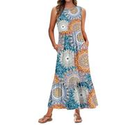 AUSELILY Robe Longue Femme Ete sans Manches Robe de Plage Legere Fluide Maxi avec Taille Empire Poches Vert Imprimé XL