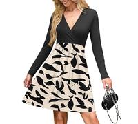 AUSELILY Robe Sexy Pull Femme - Cache Coeur Taille Empire Chic et Elegant Soiree Hiver et Poches Abricot Feuilles Noires M