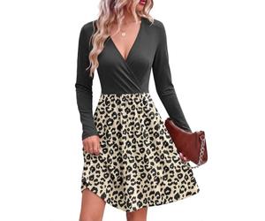 AUSELILY Robe Sexy Pull Femme - Cache Coeur Taille Empire Chic et Elegant Soiree Hiver et Poches Léopard Noir L