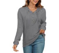 AUSELILY Sweats à Capuche Femme Sweat-Shirt Pullover à Capuche Henry Texture Manches Longues Boutonné Hoodie Automne Hiver Top Gris M