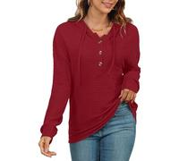 AUSELILY Sweats à Capuche Femme Sweat-Shirt Pullover à Capuche Henry Texture Manches Longues Boutonné Hoodie Automne Hiver Top Rouge XL