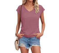 AUSELILY T-Shirts Femme Manches Courtes col en V Coupe Slim Extensible Hauts décontractés élégants Basiques Rose poussiéreux S