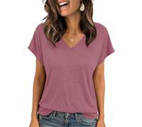 AUSELILY T-Shirts Femme Manches Courtes col en V Coupe Slim Extensible Hauts décontractés élégants Basiques Rose poussiéreux M