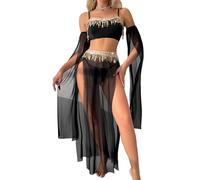 Ausing Exotique Belly Dancer Costume Set pour Les Femmes Festival Carnaval High Slit Mesh Dress Tops Lingerie Outfit Sexy Belly Costumes