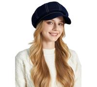 Ausing Femme Béret Coton Chapeau Denim Casquette Français Newsboy Chapeau Gavroche Artiste de Peintre Chauffeur Bleu Foncé Béret Basque Vintage Rétro Octogonal Classique Automne Visière Hiver Cabbie