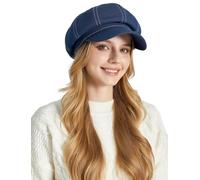Ausing Femme Béret Coton Chapeau en Denim Casquette Français Newsboy Chapeau Gavroche Artiste de Peintre Chauffeur Bleu Béret Basque Vintage Rétro Octogonal Classique Automne Visière Hiver Printemps