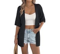Ausing Femme Cardigans Ete Ajouré Haut Long D'Été Femmes Blouson Manches Courtes Vintage Gilet Manche Courte Chic et Elegant Veste Mi Longue Legere Cardigan Boheme Noir L