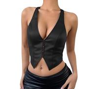 Ausing Femme Top en Cuir PU Dos Nu Haut Sexy Bustier pour Femmes Gilet sans Manche Festival Debardeur Crop Mode Camisole Court Disco Hauts Col en V Profond Latex Noir S