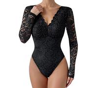Ausing Femmes Haut en Dentelle Ajustée Top Sexy Club pour Femmes Tenue Manche Longue Dos Nu Jumpsuit Chic et Elegant Voile Tops À Manches Longues Une Pièce Body Col en V De Soirée Noir L