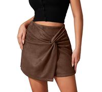 Ausing Mini Jupe en Daim Femme Jupe Courte Moulante Short Taille Haute Jupes Crayon Fendue Devant Sexy Jupes Froncée Extensible Élastique A Line Shorts Droite Fermeture Éclair Hiver Automne Marron L