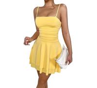 Ausing Mini Robe Bretelles Spaghetti Femme Sexy Club Robe Évasée sans Manche Moulante Courte Elegant Robes Midi Froncée Ruchée Clubbing Dos Nu Eté Clubwear Cocktail Soirée Fête Jupe Slim Chic Jaune S