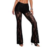 Ausing Pantalon Évasé en Dentelle Tulle Femme Legging Gothique Taille Haute Pantalon Bootcut Transparent Stretch Legging Long Punk Noir XL Pantalon Moulant Skinny Halloween Slim Ajusté Rétro Vintage