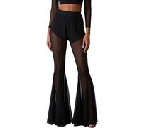 Ausing Pantalon Évasé en Tulle Femme Legging Gothique Taille Haute Pantalon Bootcut Stretch Transparent Legging Long Punk Noir XL Pantalon Moulant Skinny Halloween Slim Ajusté Rétro Vintage