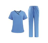 Ausing Unisex-Schrubb-Set Médecin Uniforme Manteau et Pantalon Vêtements de Travail Médicaux Manches Courtes Haut du Corps Pantalons Bleu Clair L