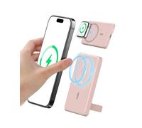 Auskang Batterie Externe Magnétique 5000mAh, Chargeur Portable à Chargement Rapide sans Fil, Power Bank Slim avec Support Pliable, Mini Pack de Batterie Compatible avec iPhone 14/15/16 (Rose)