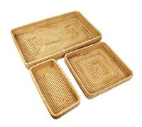 Ausla Plateau en Rotin, Organization de Table, Panier de Rangement de Collations tissé à la Main, Plateau de Service Multifonctionnel (Ensemble de 3 pièces)