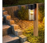 Lampe d'extérieur lampadaire de chemin d'accès, moderne, maison de campagne, aspect bois, verre fumé, acier inoxydable, noir, E27, LxlxH 14,5x9x50 cm