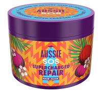 Aussie SOS Supercharged Repair Hair Mask 500ml pour cheveux secs et abîmés. Aide à réparer et à protéger contre les dommages laissant les cheveux doux, lisses et hydratés pendant 100 heures. Formule