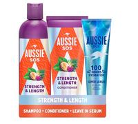 Aussie Strength & Length Lot de 3 shampoings, après-shampoing et super sérum sans rinçage Hydrate et renforce les cheveux longs, secs et abîmés. Lisse, adoucissent, démêle, prévient les pointes