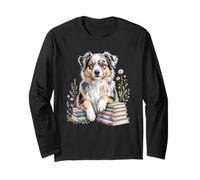 Australian Shepherd Aussie Dog Bookworm Flowers Book Reading Manche Longue