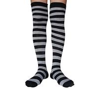 AUSUAYA Chaussettes hautes à rayures au-dessus du genou en coton pour femme, pour cosplay, gothique, fête de Noël GB-LW-3, Rayures noires et gris clair, M