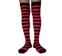 AUSUAYA Chaussettes montantes rayées pour femme, en coton au-dessus du genou, jambières longues pour Halloween, cosplay et gothique GB-LW-3, Rayures noires et bordeaux, Taille unique